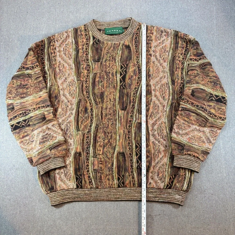Vintage Tundra Canada Mens Large 3D Knit Sweater Coogi Style Earth Tone Multi